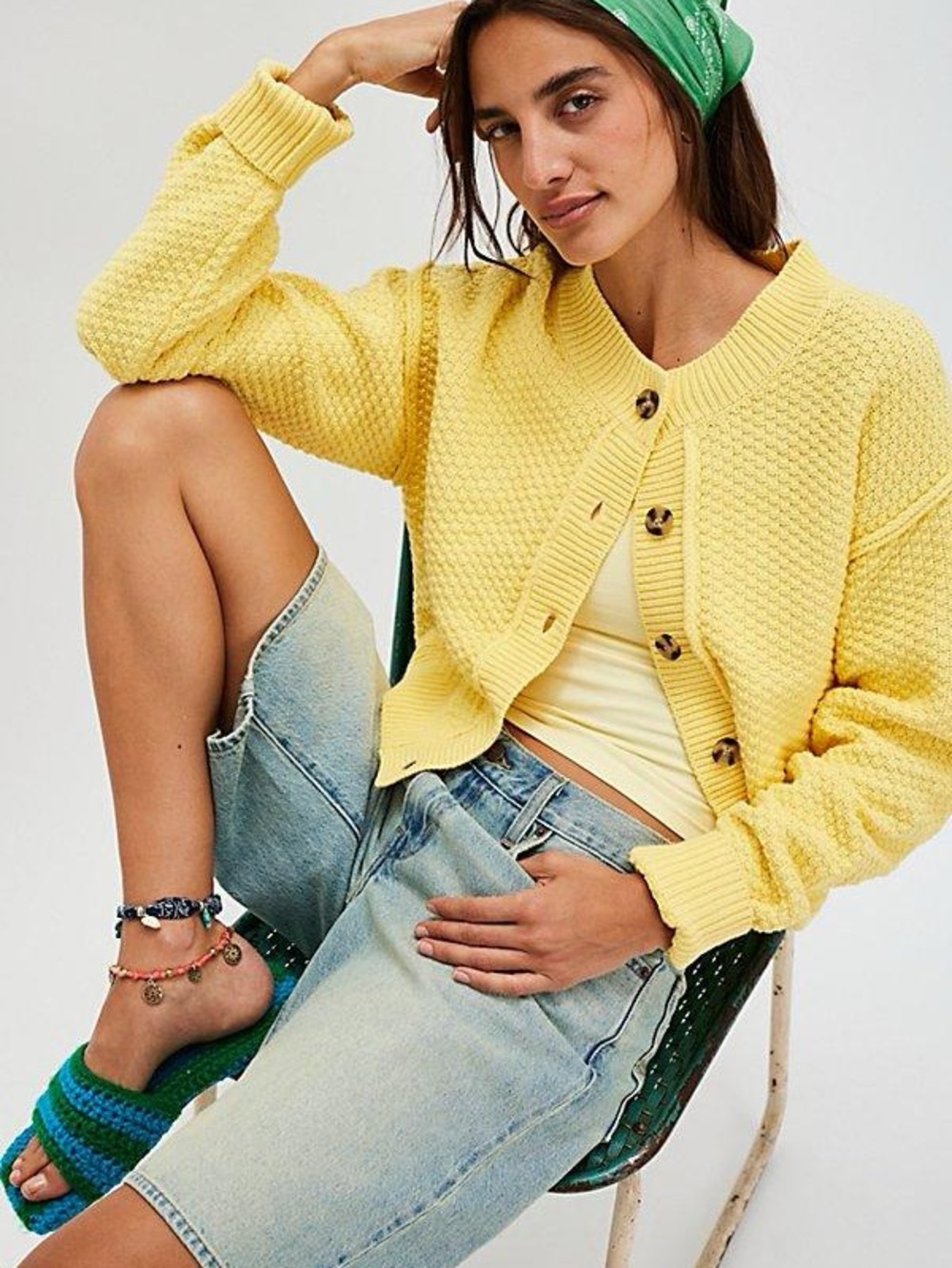 Free People Sunny Yellow Textured Button-Front Cardigan